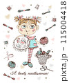 A cute girl embroiders on a hoop. Accessories for needlework. Vector. 115004418