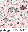 Seamless pattern on the embroidery theme. Needlework girls and embroidery accessories. Vector. 115004420