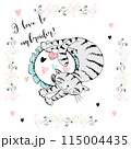 I love embroidery A postcard with a cat and embroidery. Vector. 115004435