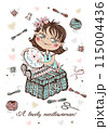 A cute girl embroiders on a hoop. Accessories for needlework. Vector. 115004436