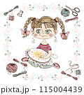 A cute girl is engaged in needlework and embroidery a beautiful pattern on a Hoop. Vector. 115004439