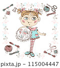 A cute needlewoman girl with embroidery. Accessories for needlework. Vector. 115004447