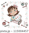 A cute girl embroiders on a hoop. Vector. 115004457