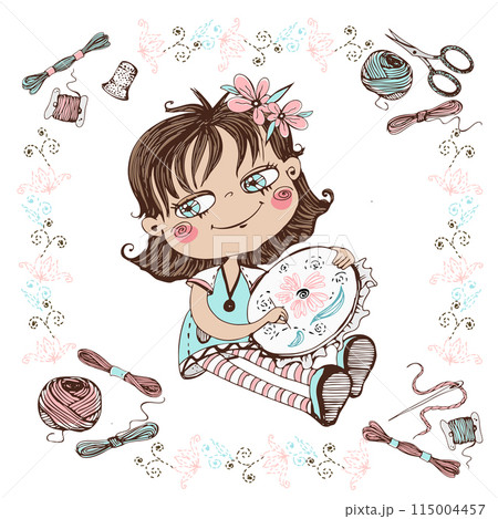 A cute girl embroiders on a hoop. Vector. 115004457