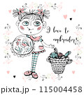 A cute needlewoman girl with embroidery. Accessories for needlework. Vector 115004458
