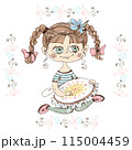 A cute girl embroiders on a hoop. Vector. 115004459
