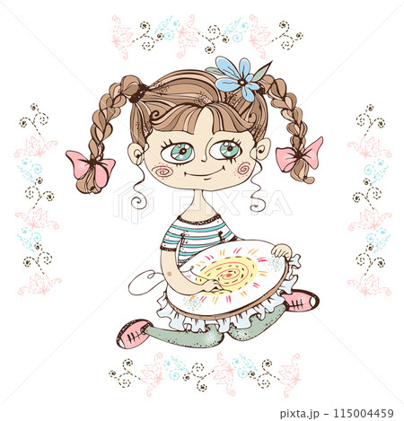 A cute girl embroiders on a hoop. Vector. A cute girl embroiders on a hoop. Vector. 115004459