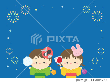 花火大会の夜空と楽しそうなかわいい子供の背景フレーム素材 115004737