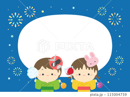 花火大会の夜空と楽しそうなかわいい子供の背景フレーム素材02 115004739