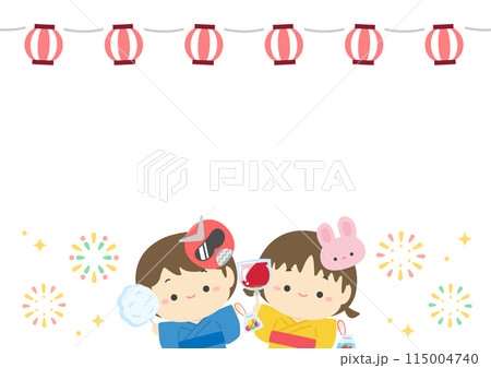 夏祭りのフレーム、提灯と花火と浴衣の子どものイラスト01 夏祭りのフレーム、提灯と花火と浴衣の子どものイラスト01 115004740