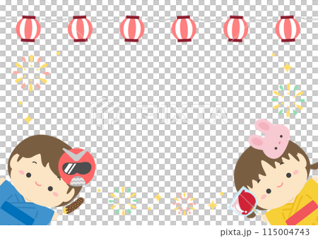 夏祭りのフレーム、提灯と花火と浴衣の子どものイラスト04 夏祭りのフレーム、提灯と花火と浴衣の子どものイラスト04 115004743