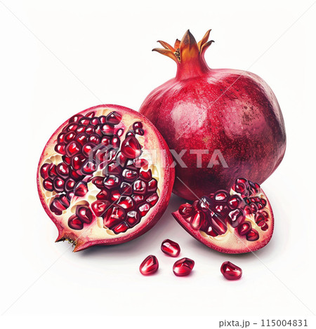 Pomegranate fruit isolated on white background, red and ripe, fresh and sweet, cut in half, juicy seeds, healthy and natural snack 115004831