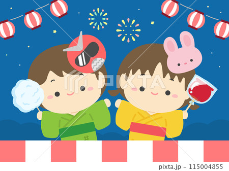 夏祭りの花火と楽しそうなかわいい子供のイラスト03 115004855