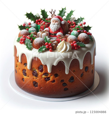 Christmas cake decorated with holly berries and mistletoe on white background	 115004866