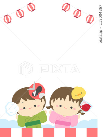 夏祭りの提灯と楽しそうなかわいい子供の背景フレーム素材03 115004867
