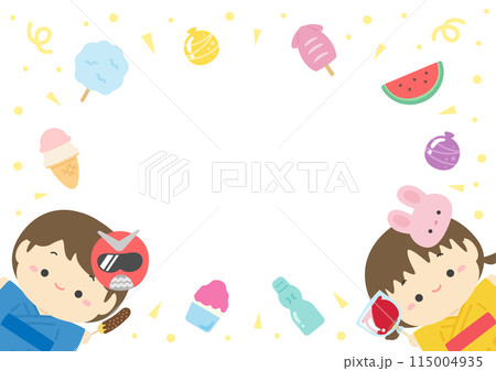 夏祭りの屋台の食べ物と浴衣を着た子供のフレーム背景素材07 115004935