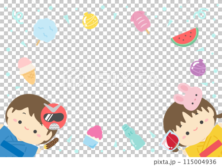 Summer festival food stalls and children wearing yukata frame background material 06 115004936