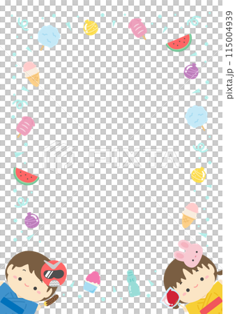 夏季節慶街頭美食和穿著浴衣的兒童框架背景素材04 115004939