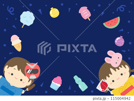 夏祭りの屋台の食べ物と浴衣を着た子供のフレーム背景素材01 夏祭りの屋台の食べ物と浴衣を着た子供のフレーム背景素材01 115004942