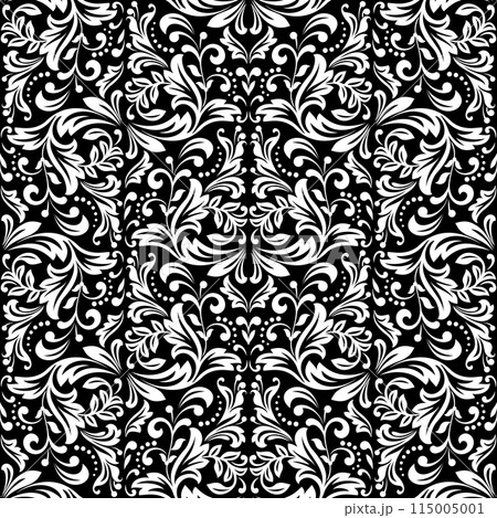 Wallpaper in the style of Baroque. Seamless vector background. White and black floral ornament. Graphic pattern for fabric, wallpaper, packaging. Ornate Damask flower ornament. Wallpaper in the style of Baroque. Seamless vector background. White and black floral ornament. Graphic pattern for fabric, wallpaper, packaging. Ornate Damask flower ornament. 115005001
