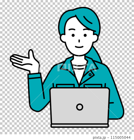 A female worker working on a laptop computer guiding with her right hand 115005044