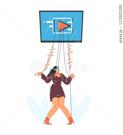 Obedient puppet woman controlled by social media content, vector cartoon tied marionette manipulation from internet Obedient puppet woman controlled by social media content, vector cartoon tied marionette manipulation from internet 115005280