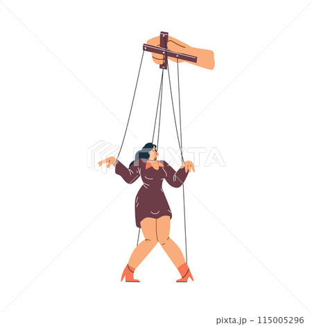 Obedient puppet woman controlled by hand, vector cartoon marionette with strings tied to arms and legs, manipulation 115005296