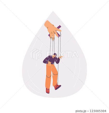 Vector illustration of a character tied with ropes to a puppeteer. Vector illustration of a character tied with ropes to a puppeteer. 115005304