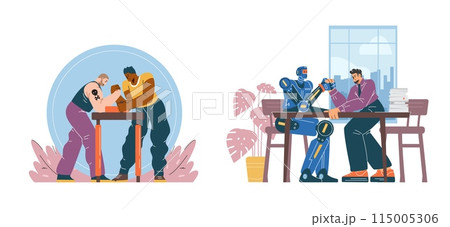 Arm wrestling duel set: man against man and robot. Flat style, isolated background. Arm wrestling duel set: man against man and robot. Flat style, isolated background. 115005306