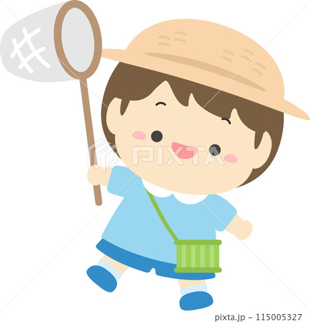 虫取り網と虫かごをもって昆虫採集に行く男の子、夏休みの子どものイラスト素材 115005327