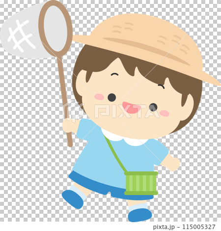 虫取り網と虫かごをもって昆虫採集に行く男の子、夏休みの子どものイラスト素材 115005327