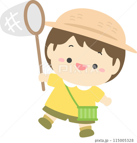 虫取り網と虫かごをもって昆虫採集に行く男の子、夏休みの子どものイラスト素材02 虫取り網と虫かごをもって昆虫採集に行く男の子、夏休みの子どものイラスト素材02 115005328