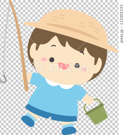 拿著釣竿和水桶去釣魚的男孩，暑假兒童插畫素材02 115005333