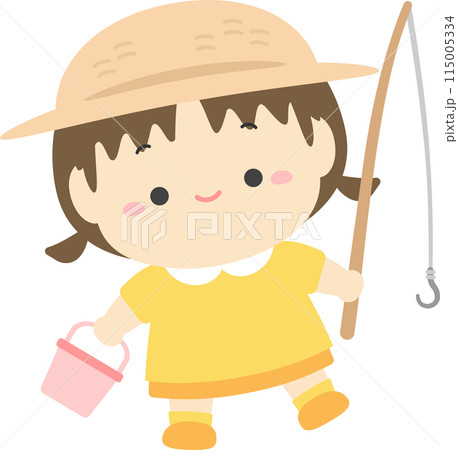 釣り竿とバケツを持って釣りに行く女の子、夏休みの子どものイラスト素材 115005334
