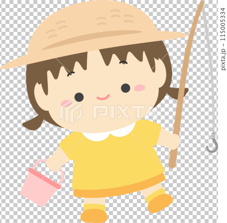 釣り竿とバケツを持って釣りに行く女の子、夏休みの子どものイラスト素材 115005334