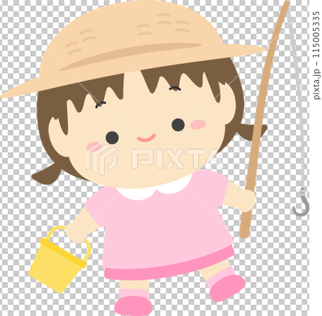 拿著釣竿和水桶去釣魚的女孩，暑假兒童插畫素材02 115005335