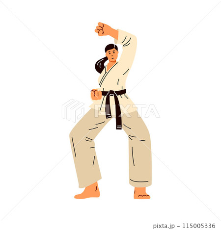The character is a karateka in motion practicing martial art. Isolated background. The character is a karateka in motion practicing martial art. Isolated background. 115005336
