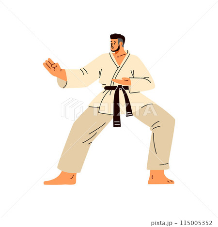 Karate man fighter in kimono and black belt flat vector, Asian martial art training practice Japanese wrestler in action Karate man fighter in kimono and black belt flat vector, Asian martial art training practice Japanese wrestler in action 115005352
