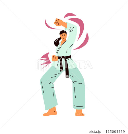 Vector illustration of a woman in a kimono with a black belt doing karate. Isolated background. 115005359