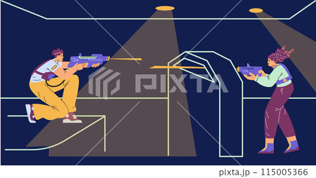 Vector illustration of a laser tag game with players and equipment in a flat style Vector illustration of a laser tag game with players and equipment in a flat style 115005366