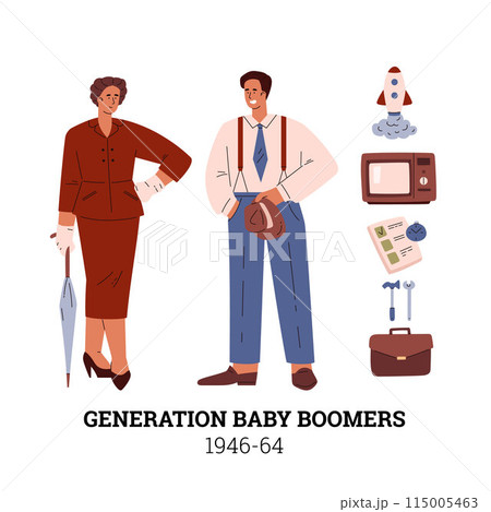 Illustration of the 1946-64 generation. The era of baby boomers. Illustration of the 1946-64 generation. The era of baby boomers. 115005463