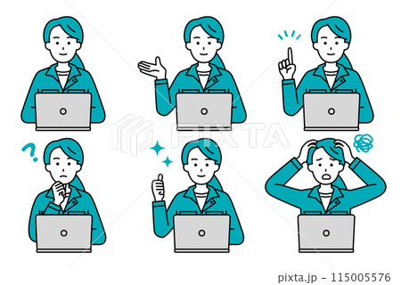 ノートパソコンで仕事をしている作業員の女性　セット 115005576