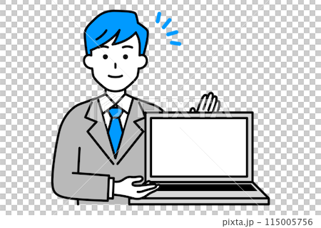 A man in a suit showing a laptop screen A man in a suit showing a laptop screen 115005756