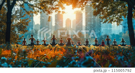 Group of adults attending a yoga class outside in park with natural background 115005792