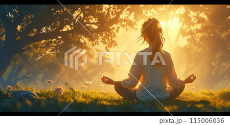 Group of adults attending a yoga class outside in park with natural background 115006036