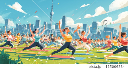 Group of adults attending a yoga class outside in park with natural background 115006284