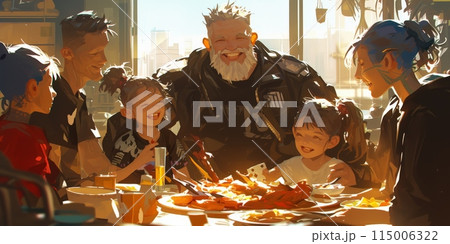 A joyful family dinner, filled with laughter and happiness, creating heartwarming memories 115006322