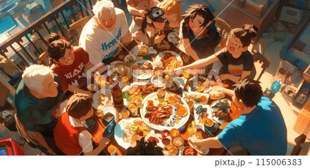 This image captures the joy of a family gathering around the dining table to enjoy a meal together This image captures the joy of a family gathering around the dining table to enjoy a meal together 115006383