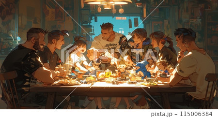 Family dinner is a heartwarming experience of joy and togetherness, uniting everyone at home 115006384