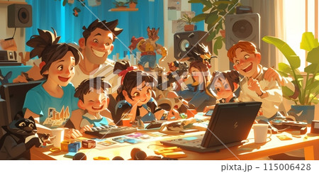 A happy family is gathered around a table with a laptop in a warm and cozy room 115006428